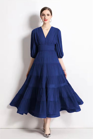 Solid Tiered Long Dress - Blue
